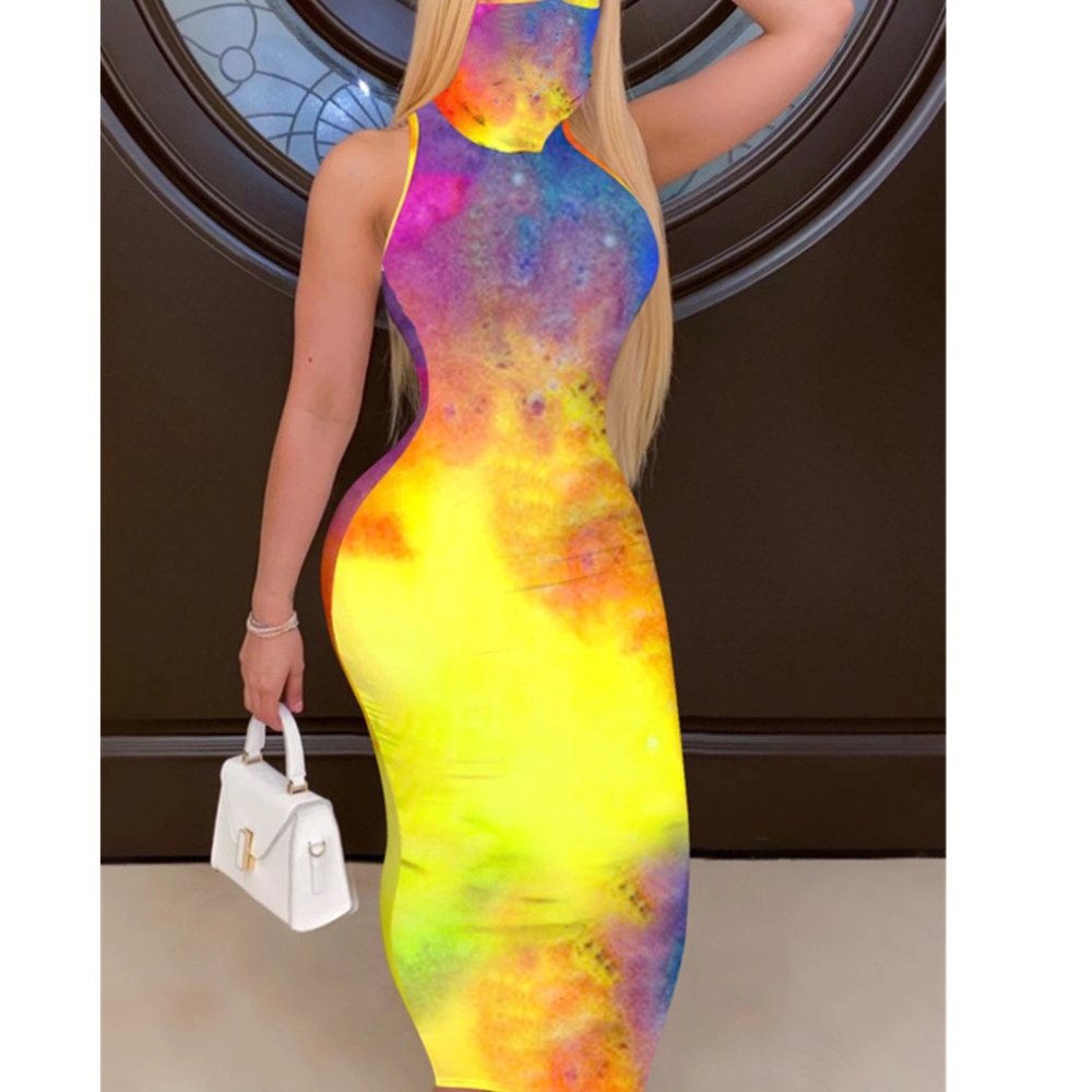 Tye-Dyed Stretch Sleeveless Face-Cover Maxi Dress